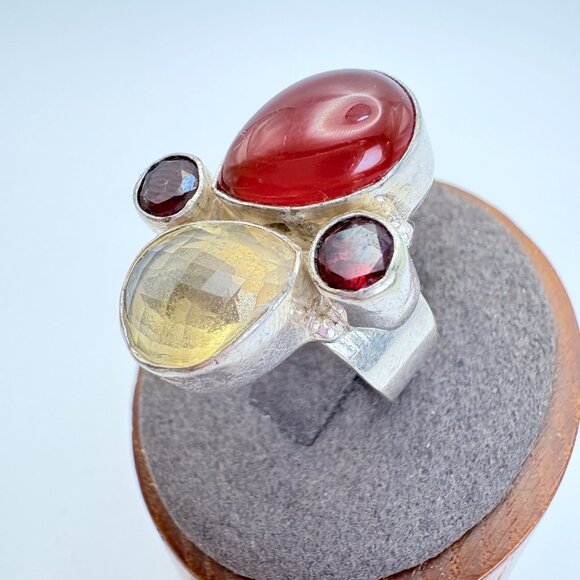 VTG Sterling Silver 925 Multi-Gemstone Bezel Set Statement Ring Size 7 - Picture 5 of 9